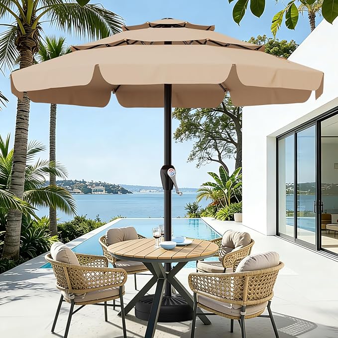 AreShark 12FT 3-Tiers Patio Umbrella with Valance, Outdoor with Crank, Large Outdoor Market Umbrellas Vented with 8 Sturdy Ribs, Patio Table Umbrellas for Garden, Deck, Backyard, Pool, Beige