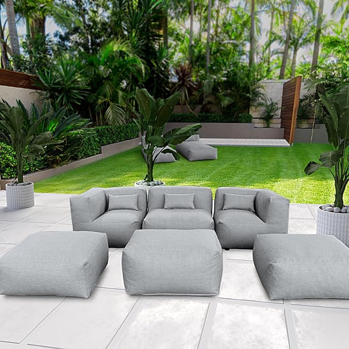 Dineli ANNYH CALALUNA 6Pc Patio Garden Furniture Sectional Conversation Set.Combines 1 Middle & 2 Corner Chairs, 3 Ottoman, Outdoor Exp Foam Filled Modular Contemporary Sofa (Dark Gray)