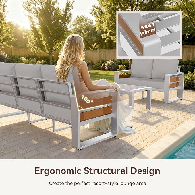 Aoxun Aluminum Patio Furniture Set, 4 Seats Luxury Metal Patio Conversation Sets with Coffee Table, Thick Cushions and Waterproof Cover, Modern Outdoor Furniture Set for Backyard/Poolside, Light Grey