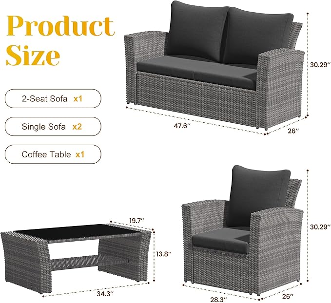 4-Piece Outdoor Patio Furniture Set, All Weather Wicker Rattan Sectional Sofa Conversation Seating Set with Cushions & Large Glass Coffee Table, Ideal for Garden Backyard Porch, Dark Grey