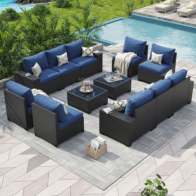 Aoxun Patio Furniture Set, 12 Pcs Outdoor Patio Furniture Sets with 4 in Thicken Cushion, Widen Armrests Wicker Outdoor Sectional for Backyard (Waterproof Cover Include)