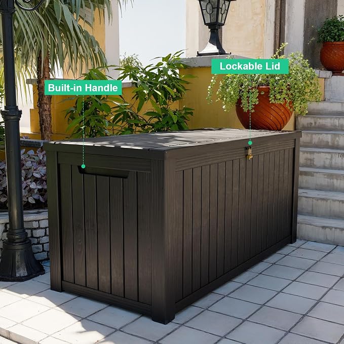 PatioZen 180 Gallon Outdoor Deck Box,Waterproof Resin Outdoor Storage Boxes, Outside Storage Lockable Container for Garden Tools,Indooor Cushions,Accessories (Black)