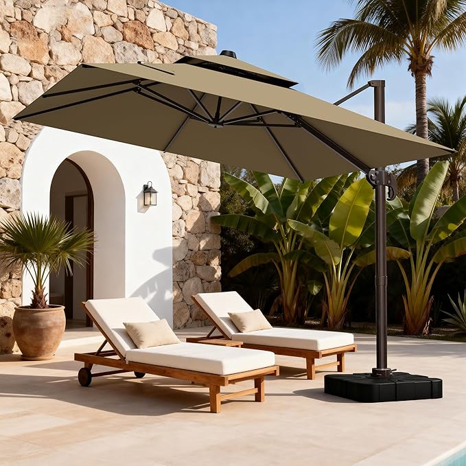 10x10Ft Patio Umbrella Outdoor Cantilever Rectangle Umbrella with Base Included, 6-Level Tilt & 360° Rotation Offset Umbrella for Garden, Deck, Pool(Brown)