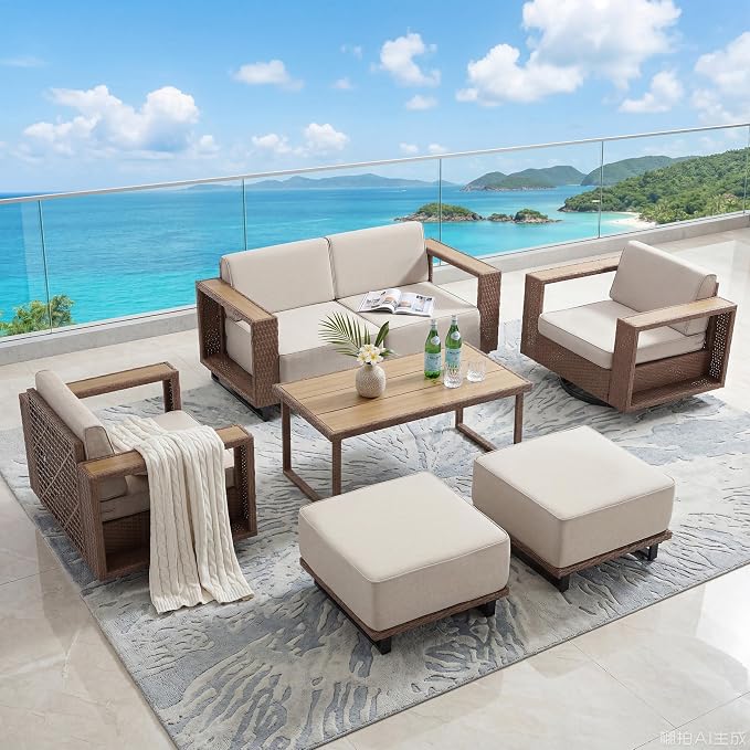 Bonzy Home 6 Piece Patio Furniture Set, Wicker Lounge Chairs Set of 2 with Rattan Side Table and 2 Ottoman & Loveseat Couch，Outdoor Patio Furniture with Extra-Thick Soft Cushions for Porch, Balcony