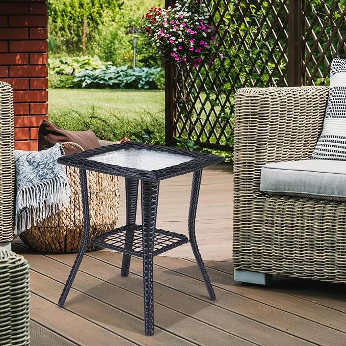 Black Outdoor Wicker Side Table | 2 Tier Rattan End Table with Tempered Glass Top | Space-Saving Bistro Table for Patio, Porch, Balcony, Living Room Balcony Space Saver Small Outdoor Tables
