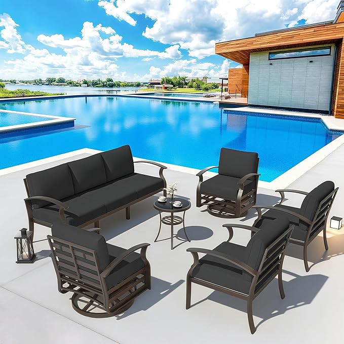 Aluminum Patio Furniture Set Patio Conversation Set,7 Seats Metal Modern Outdoor Furniture w/5.1" Cushions,Patio Sectional w/Swivel Chairs for Patio,Backyard,Dark Grey