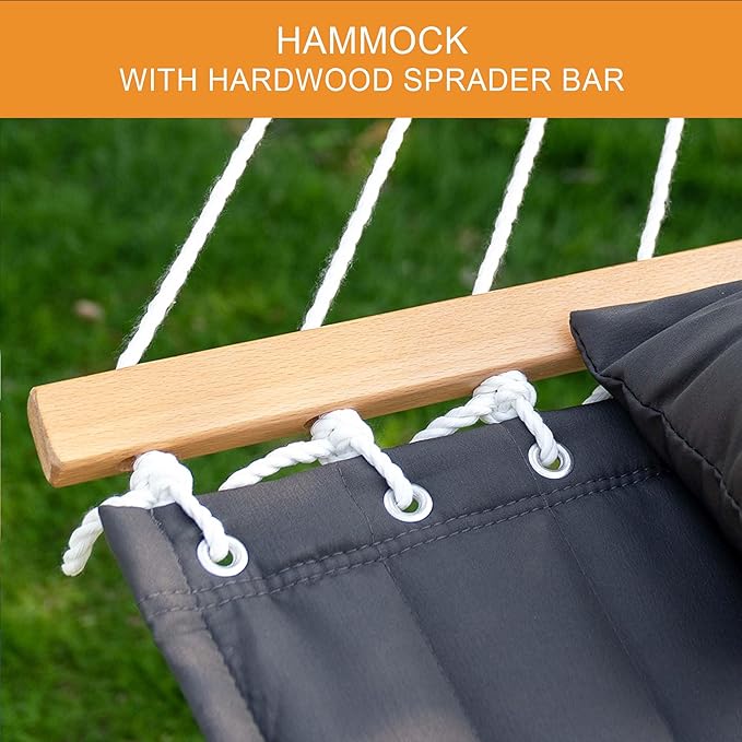 Lazy Daze Hammocks 12 FT Double Quilted Fabric Hammock and 13 FT Brown Wood Arc Stand, with Spreader Bar, Removable Pillow, 2 Person Hammock for Poolside Outdoor Patio, 450 lbs Capacity, Dark Gray