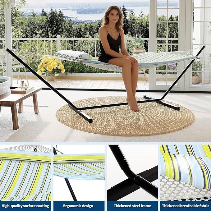 2 Person Outdoor Hammock with Stand, Person Cotton Rope Hammock with Polyester Pad, Portable Hammock with Carrying Bag, for Patio, Garden, Beach, Backyard Camping