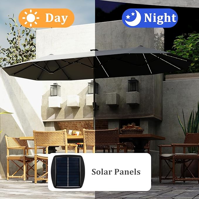 HAPPYGRILL 13 FT Double-sided Patio Umbrella with Solar Lights, Crank Handle & 12 Heavy-Duty Ribs, Outdoor Twin Size Oversized Rectangle Market Umbrella for Garden Deck Poolside