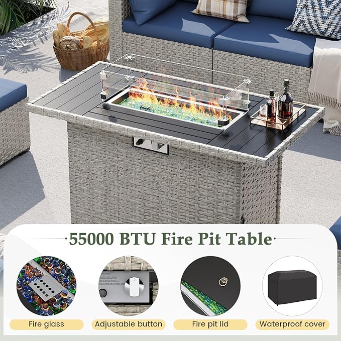 UDPATIO Patio Furniture Set with Fire Pit Table, 8 Pieces Outdoor Sectional Sofa, PE Wicker Patio Conversation Set for Garden, Backyard Blue