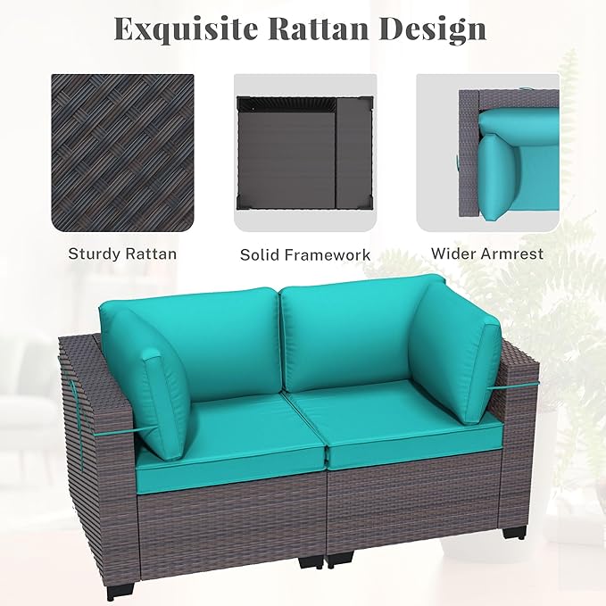 Patio Furniture Set with Fire Pit Table 10 Pieces Outdoor Sectional Sofa Set,PE Rattan Wicker Patio Conversation Set w/43in 55000 BTU Propane Fire Pit Table,Blue