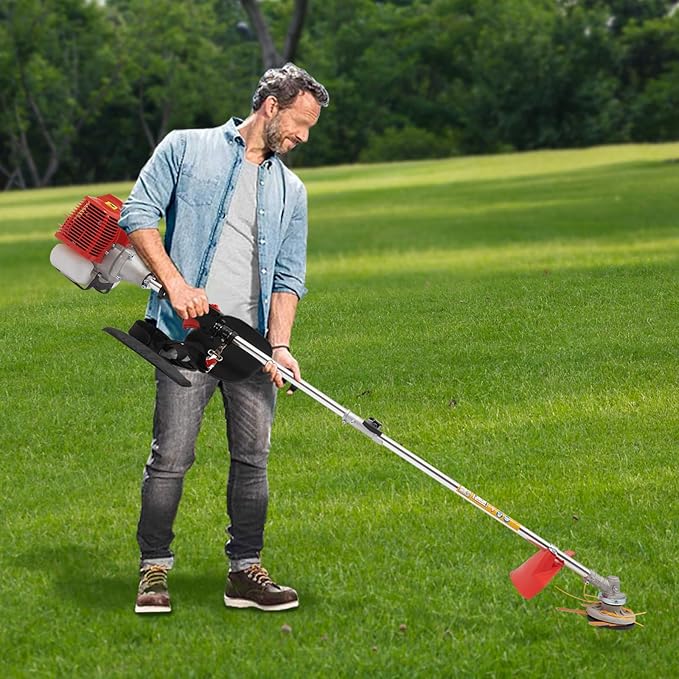 Gas Powered Weed Eater, 43cc 2-Stroke Cordless Lawn Edger Gas String Trimmer with Two Blade Heads, Trimmer Power Gasoline Chainsaw for Home Lawn Mowe, Orchard Mowing, Tea Garden Mowing
