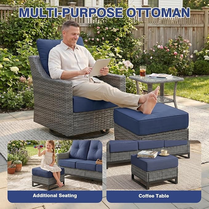 6 Piece Patio Furniture Set,360°Swivel Glider Patio Chairs Set of 2, 2 Sofas, 2 Ottomans,Comfortable Seating with 6 Inch Thick Cushions, All-Weather Wicker Patio Set For Porch Deck Balcony Garden