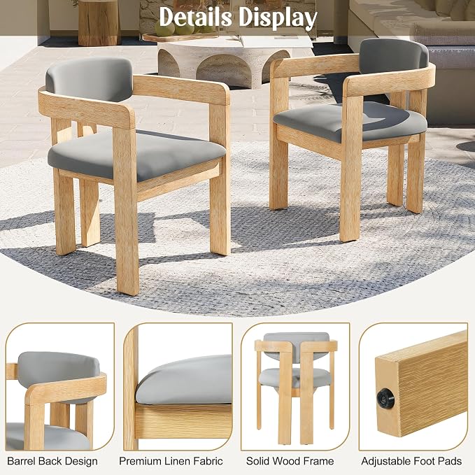 5-Piece Outdoor Dining Set, Solid Acacia Wood Patio Table with 4 Barrel Chairs, Cushioned Seats & Backs (Non-Removable), Modern Garden Conversation Set, Gray Cushion