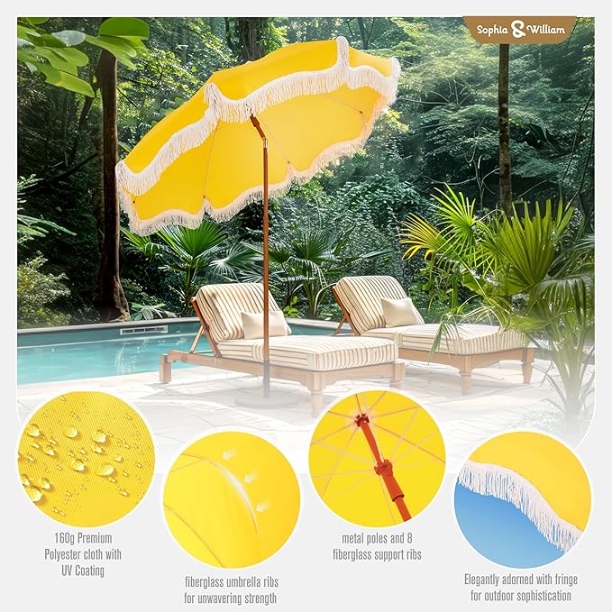 Sophia & William 7ft Outdoor Beach Umbrellas with Fringe, Portable Tilt Umbrellas for Sand, Patio, Lawn, Garden, Pool, Outing, Balcony