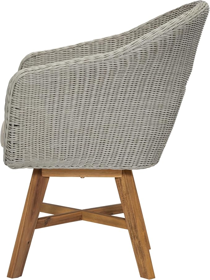 Christopher Knight Home Ambes 5 Piece Acacia Wood Outdoor Dining Set for 4, Patio Dining Table and Chair Set with Curved Rattan Backrest & Cushions, Outdoor Dining Table Set, Beige+Grey Ash+Brown