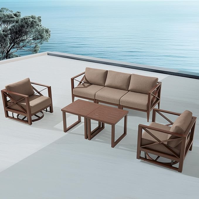MBY Aluminum Patio Furniture Set, 5-Seat Outdoor Conversation Set with 2 Swivel Rocking Chairs & 2 Coffee Tables, Weather-Resistant Sofa Set for Poolside, Garden, Backyard – Brown