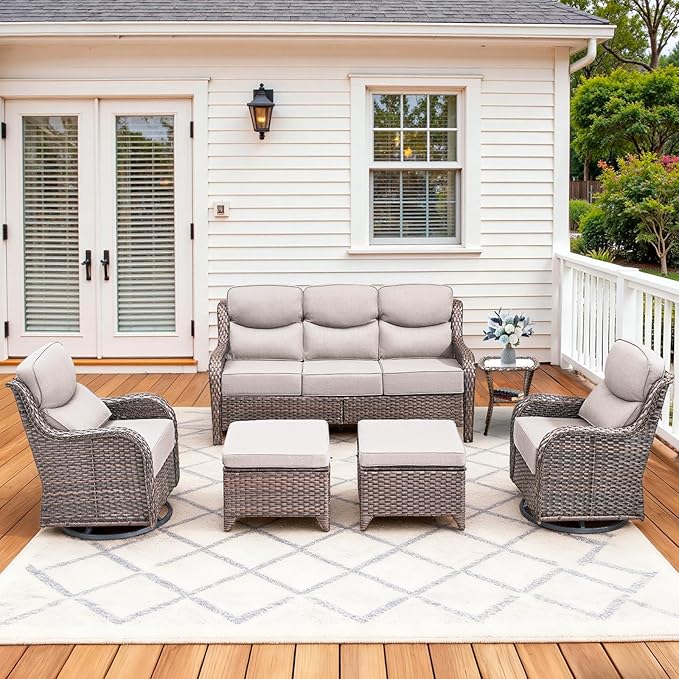 Luxury High Back Patio Furniture Set with 6-Inch Thick Cushions, 6-Pieces Outdoor Furniture with Swivel Chairs &Side Table, Wicker Conversation Set for Porch, Balcony, Deck and Yard, Brown/Beige