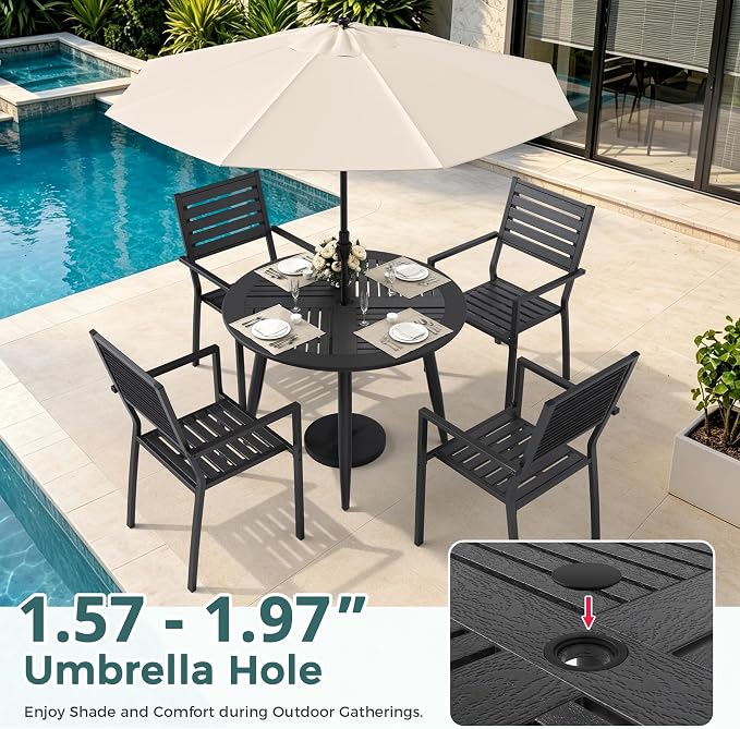 Pamapic 5-Piece HDPE Round Outdoor Dining Set, All-Weather Patio Furniture Set with Powder-Coated Iron Frame, Outdoor Table & 4 Stackable Chairs for Garden, Backyard, Poolside, Deck
