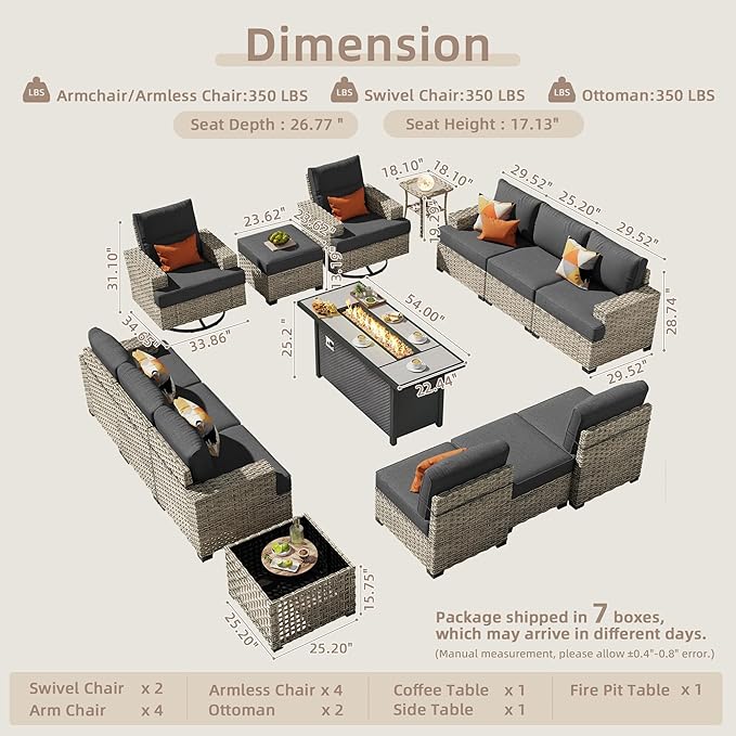 15-Piece Outdoor Sectional Sofa Set w/ 54" Fire Pit – L-Shaped Wicker Patio Furniture, Deep Seating & Swivel Rockers, Black