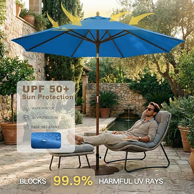 Kingdura 10FT Outdoor Patio Umbrella, Market Table Umbrella with Push Button Tilt and Crank, 8 Sturdy Fiberglass Ribs, UV Protection for Pool, Lawn, Deck, Backyard, Garden (Royal blue)