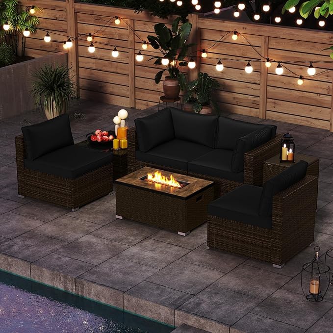 Tangkula 7 Pieces Outdoor Sectional Sofa Set Set with 32” Fire Pit Table and Propane Tank Cover, for Deck, Garden and Backyard, Fire Pit Protective Cover Included (Black)