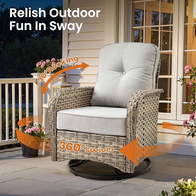 ovios 8 Piece Patio Sectional Furniture with Swivel Rocking Chairs, Rattan Wicker Coversation Couch Set, Outdoor Sofa Set for Outside Porch Balcony Backyard Pool, Light Grey