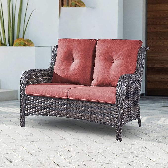 Rilyson Outdoor Loveseat Wicker Patio Sofa - 2 Seat Rattan Outdoor Couch Patio Furniture with Deep Seating and Comfortable Cushions for Outside Porch Deck Balcony(Brown/Red)