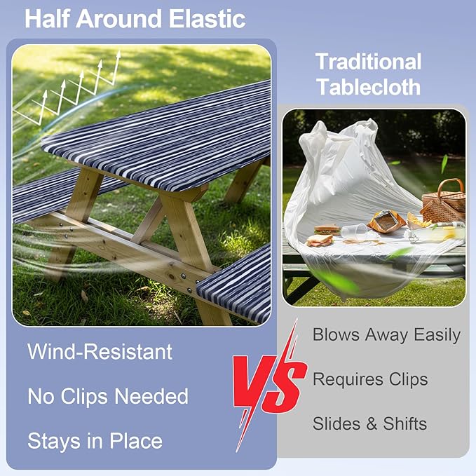 Picnic Table Cover with Bench Covers Camping Essentials Waterproof Windproof Camping Tablecloth with Drawstring Bag, Fitted Rectangle Tables and Seats, 72in, Navy Blue Stripes