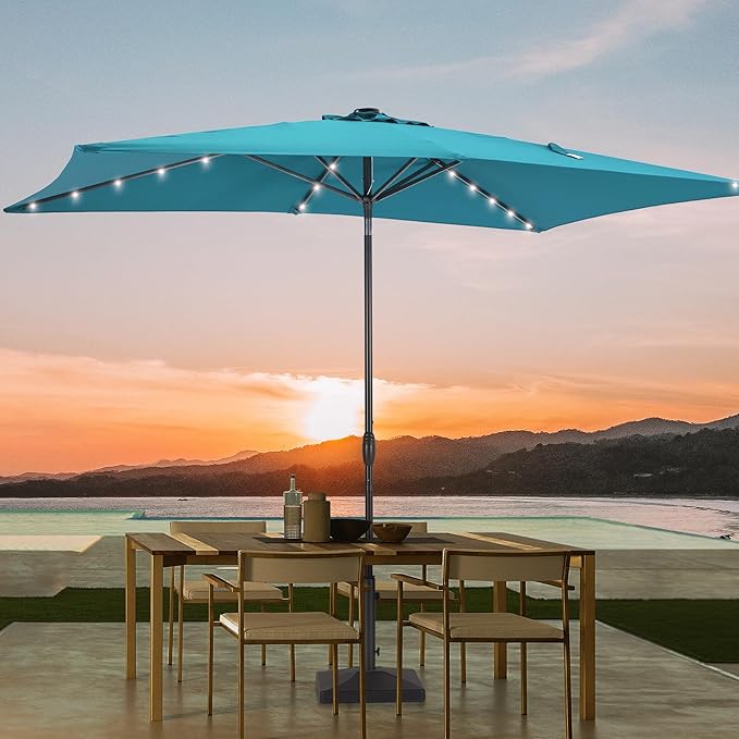 Rectangle Patio Umbrella with Solar Lights, 6x9ft Outdoor Rectangular Table Market Umbrella Patio with Push Button Tilt and Crank for Pool, Deck, Garden,Backyard