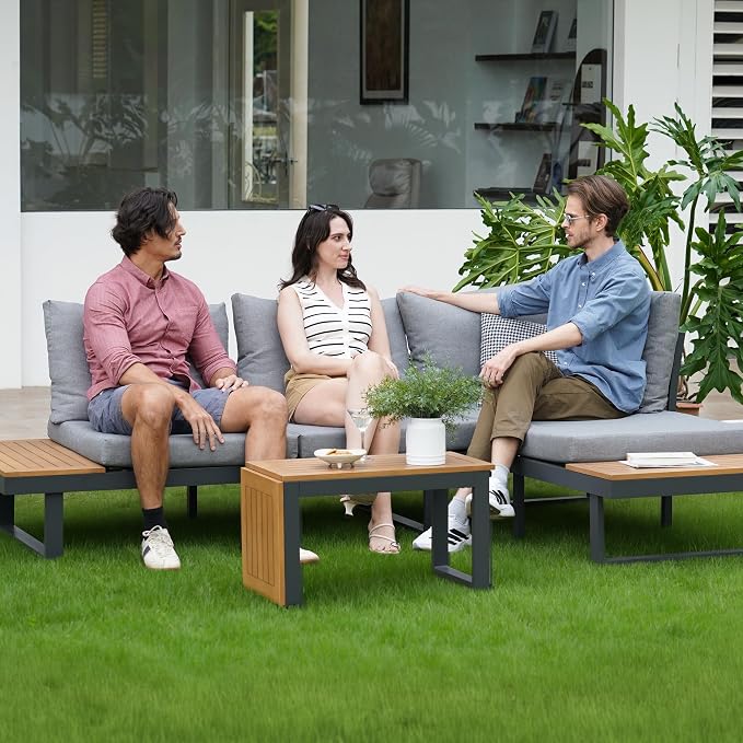 homary 4-Seater Outdoor Conversation Set for Gardens, Decks, and Backyards | Weather-Resistant Patio Sectional Furniture with Cushions and Built-In Side Tables for Gardens, Decks, and Backyards