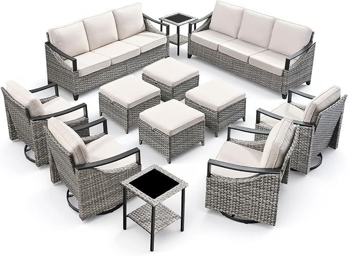 12 Piece Wicker Patio Furniture Sets-High Back Wicker Swivel Rocker Patio Chairs Set of 4 with Thick Cushions Ottomans, Outdoor Sofa, Patio Conversation Sets for Porch Balcony Patio Deck Grey/Beige