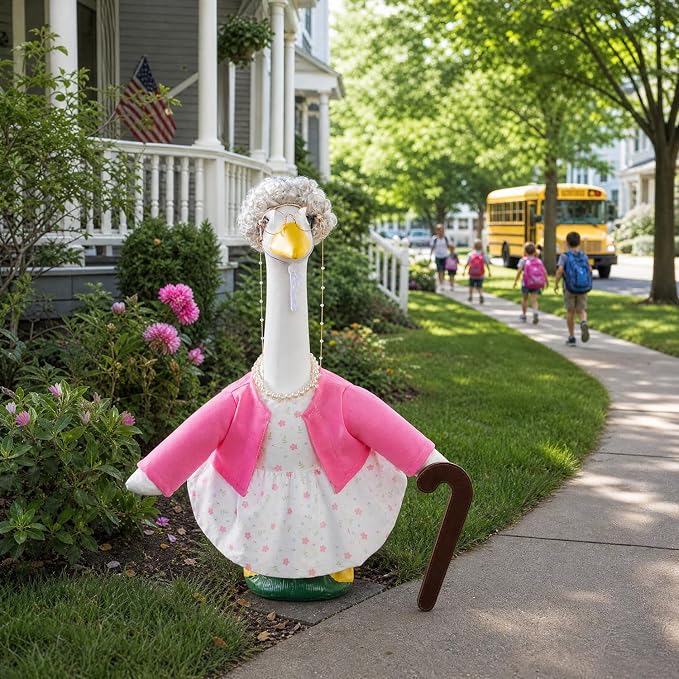 Old Lady Porch Goose Outfits with Floral Dress for 23" Cement Goose Statues
