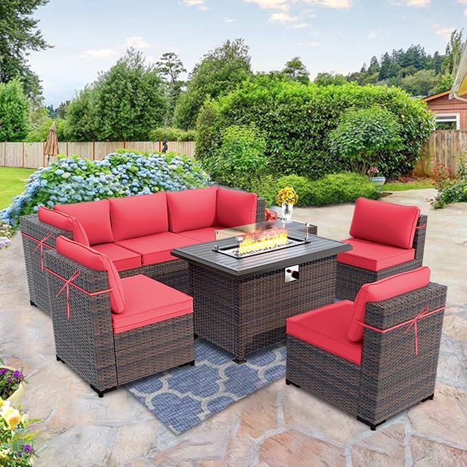 Outdoor Patio Furniture Set with Gas Fire Pit Table, 8 Pieces Outdoor Furniture Sets Patio Set Sofa w/43in Propane Fire Pit, PE Wicker Rattan Patio Conversation Sets - Red