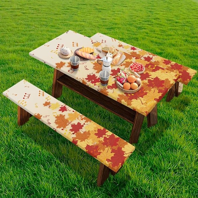 Maple Leaf Picnic Table Cover with Bench Covers Autumn Outdoor Camping Tablecloth Water and Oil Repellent Elastic Waterproof Picnic Table Cover 3 Piece Set for 6 Foot Tables