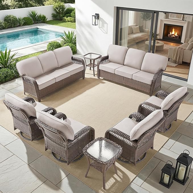 Belord Patio Chairs Set and 3-seat Sofa, Wicker Swivel Rocker Outdoor Chairs for Deck Yard and Poolside, 8 Piece Luxury Patio Furniture Set,Beige