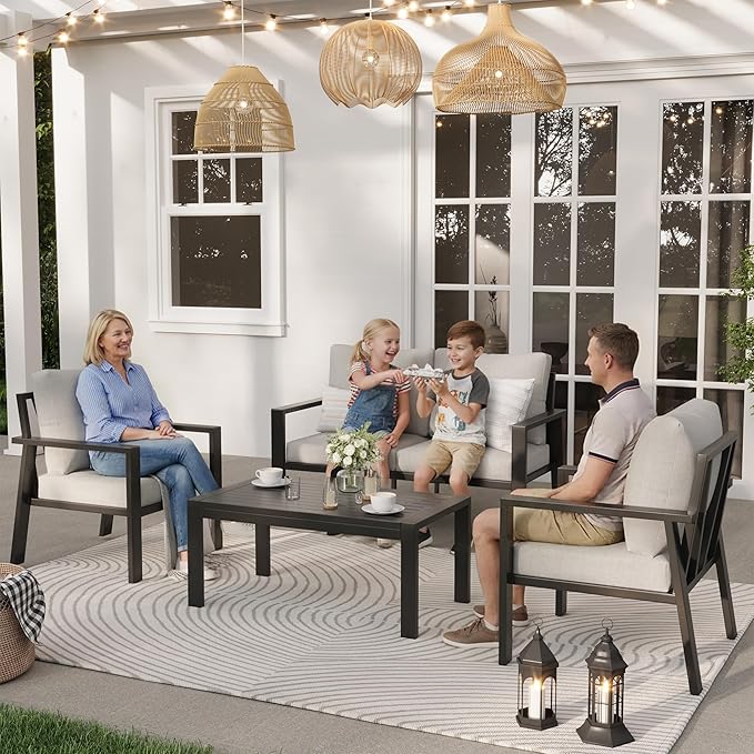4-Piece Aluminum Patio Conversation Sets All-Weather Sectional Outdoor Furniture Set with Coffee Table & Cushions with Removable Covers for for Backyard, Garden and Poolside Easy Assembly(Beige)
