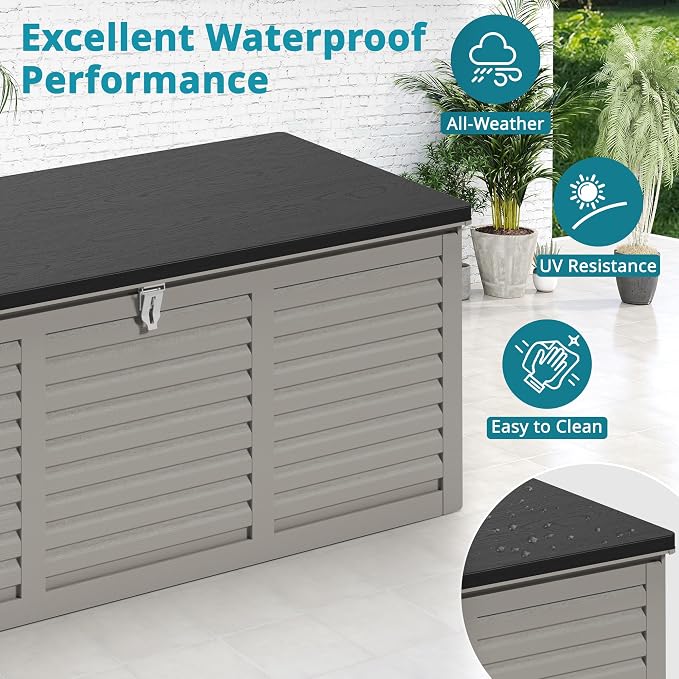 HUGROVE Resin Deck Box, 130 Gallon Outdoor Storage Box with Lockable Lid, Waterproof Patio Storage for Garden Tools & Outdoor Accessories (Light Gray)