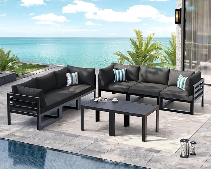 NICESOUL Extra Large Modern Aluminum Outdoor Sofa, 29" Deep Wide Seating, 500 lbs Durable Sectional Set for Heavy People, Rust & Water Resistant Comfy Patio Furniture Set for Backyard Deck, Dark Gray