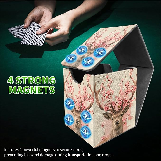 Peach Blossom Deer Card Deck Box for MTG, Personalized Card Storage Case Fits 120+ Sleeved Cards, Premium Leather TCG Box with Strong Magnetic Closure for Magic, CCG, PTCG, Baseball Cards