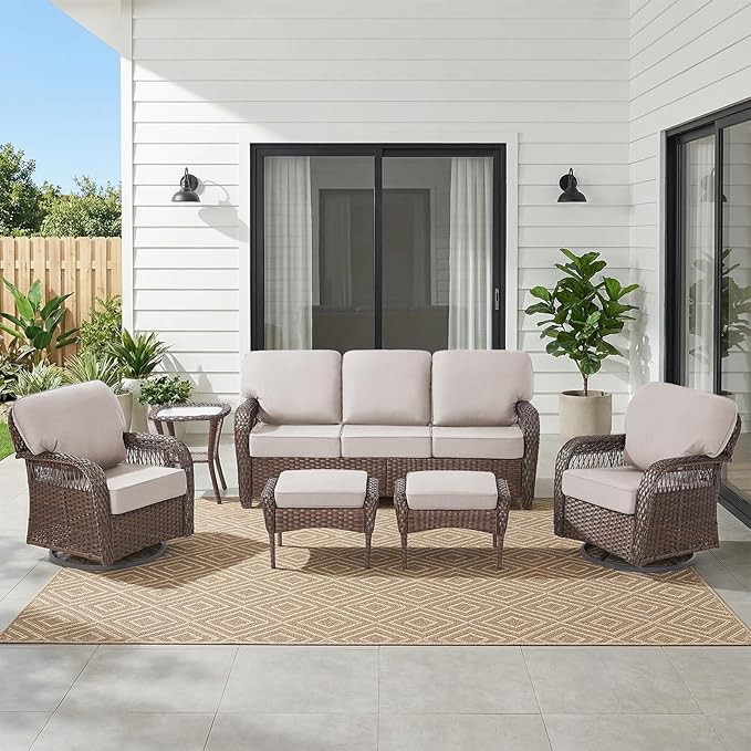 Belord Luxury Patio Furniture Set with 5-inch Thick Cushion, Outdoor Couch and High Back Swivel Rocker Patio Chairs, 6PCS Wicker Conversation Set for Deck Yard and Poolside,Beige