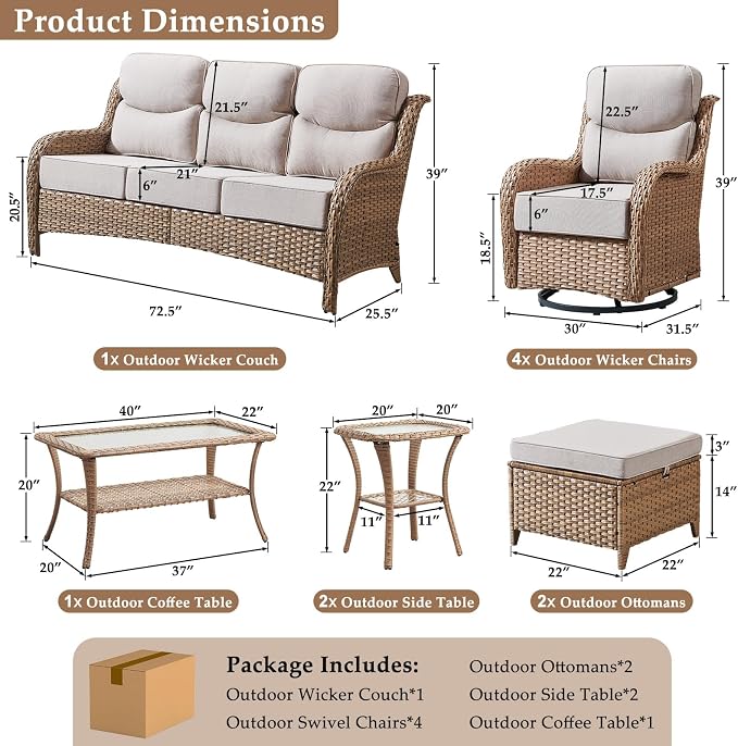 Luxury High Back Patio Furniture Set with 6-Inch Thick Cushions, 10-Pieces Outdoor Furniture with Swivel Chairs, Wicker Conversation Set for Porch, Balcony, Deck and Yard, Yellow/Beige