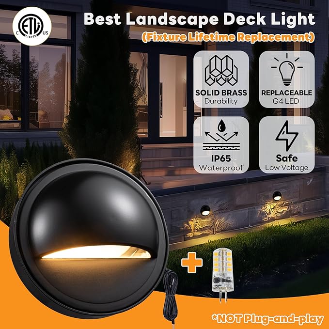 Gardenreet Low Voltage Deck Lights - Landscape Solid Brass LED Step Lights Outdoor, 12V Hardwired IP65 Waterproof, Round Black for Fence Wall Stair with 4000K Neutral White G4 Bulb 8 Pack