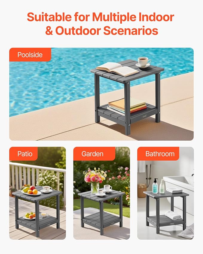 VEVOR Outdoor Side Table, 17.72W x 14.96D x 17.32H Inch, Double Layer HDPE Outside End Table for Easy Maintenance, Withstand Harsh Weather, Fit for Patio, Pool, Beach, Porch, Indoor, Backyard, Grey