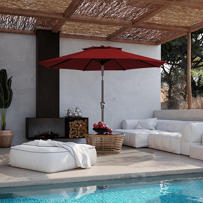 JEAREY 9 ft 2-Tiers Patio Umbrellas Outdoor Table Market Umbrella w/Push Button Tilt/Crank, 8 Sturdy Ribs, UV Protection Waterproof Sunproof(Red)