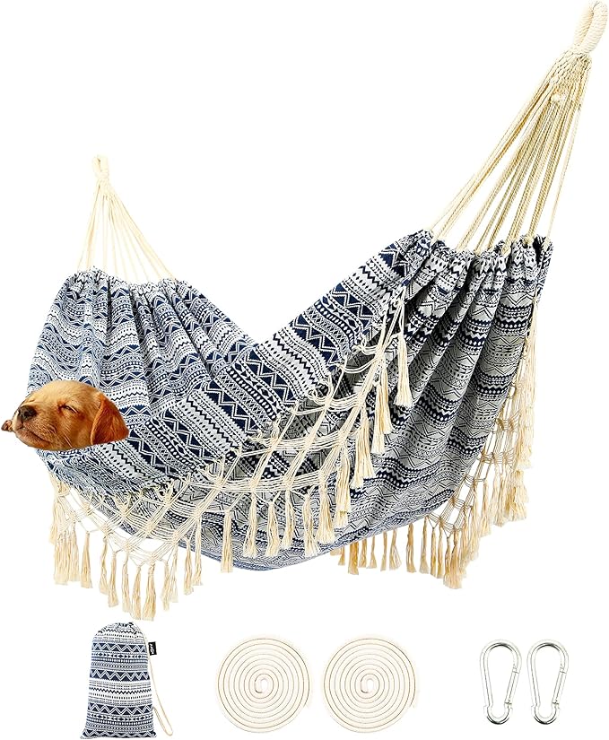 Garden Hammock with Tassels,2 Persons Indoor Hammocks with Portable Carry Bag Deluxe Macrame Fringe for Patio,Porch,Backyard,Beach,Outdoor and Inside Cotton Fabric, Up to 450Lbs (Blue-White)