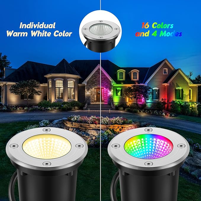 RGBW Warm White Low Voltage Landscape Lighting 10W Color Change LED Well Landscape Lights IP67 Waterproof Outdoor Landscape Lighting 12V-24V Pathway Garden Deck In-Ground Lights (6)