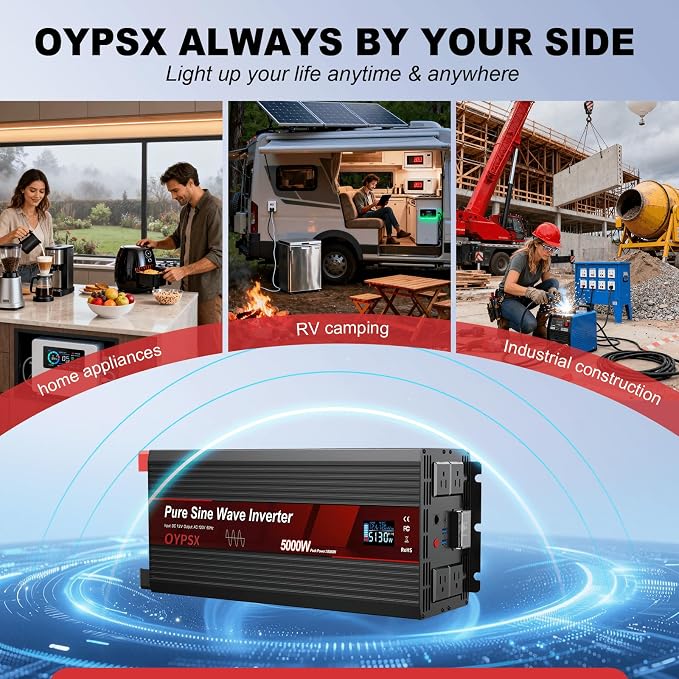 5000W Power Inverter 12V to 110V 120V AC Pure Sine Wave Inverters for RV Truck Camping,Outdoor Off-Grid Power Converter with LCD Display,Wired Controller,AC Outlets USB Ports(12V-5000Watt)