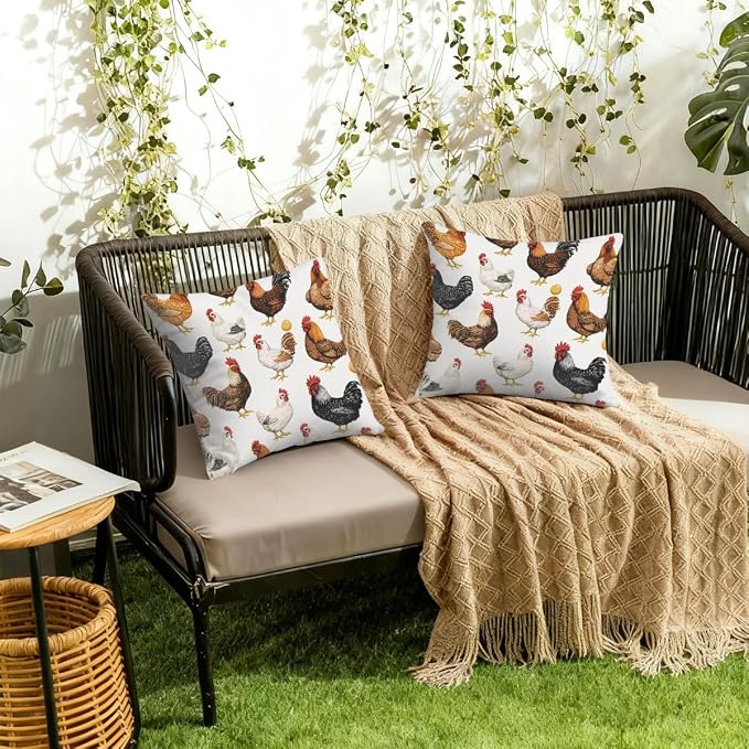 16x16 Inch Outdoor Pillow Covers Set of 2 Waterproof Throw Pillow Covers Decorative Couch Cushion Covers Chickens Egg Square Pillowcases Protectors for Patio Garden Sofa