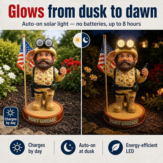 Military Garden Gnome Solar Statue – Patriotic Soldier Gnome | Memorial Day & 4th of July Outdoor Decor | Veteran Gift | Weatherproof Resin Garden Figure with American Flag for Yard & Lawn